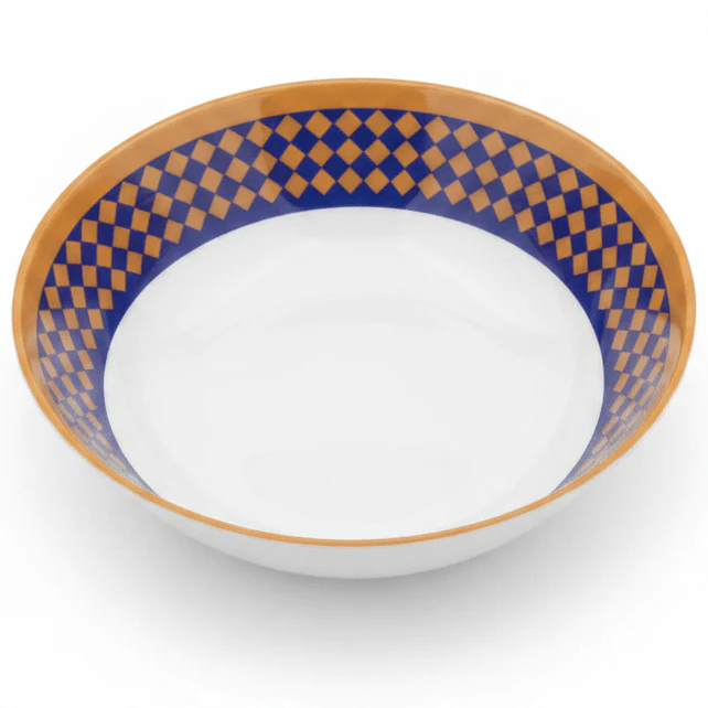 Supreme Round White Melamine Soup Bowl with Royal Blue & Golden Checkered Rim Design, Deep Serving Bowl for Soups & Curries – 11 Inch