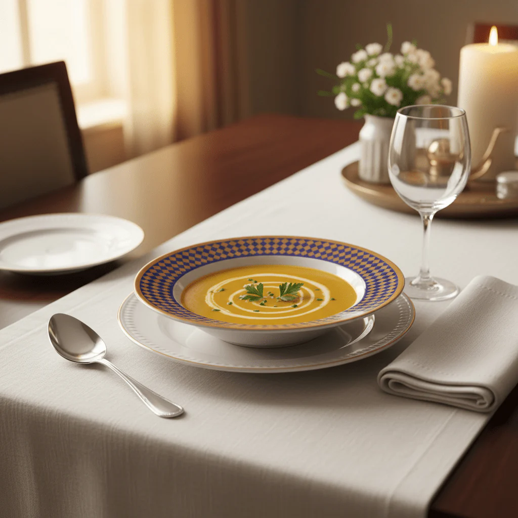 Supreme Round White Melamine Soup Plate with Royal Blue & Golden Checkered Rim Design, Durable Lightweight Tableware for Daily Dining – 8 Inch - Image 2