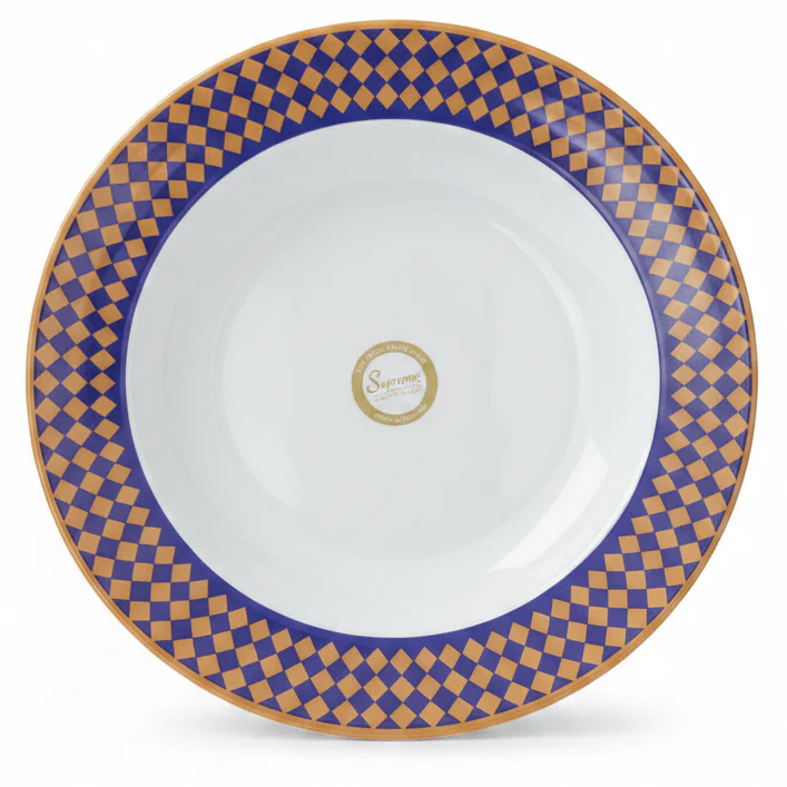 Supreme Round White Melamine Soup Plate with Royal Blue & Golden Checkered Rim Design, Premium Quality Food Serving Plate – 10 Inch