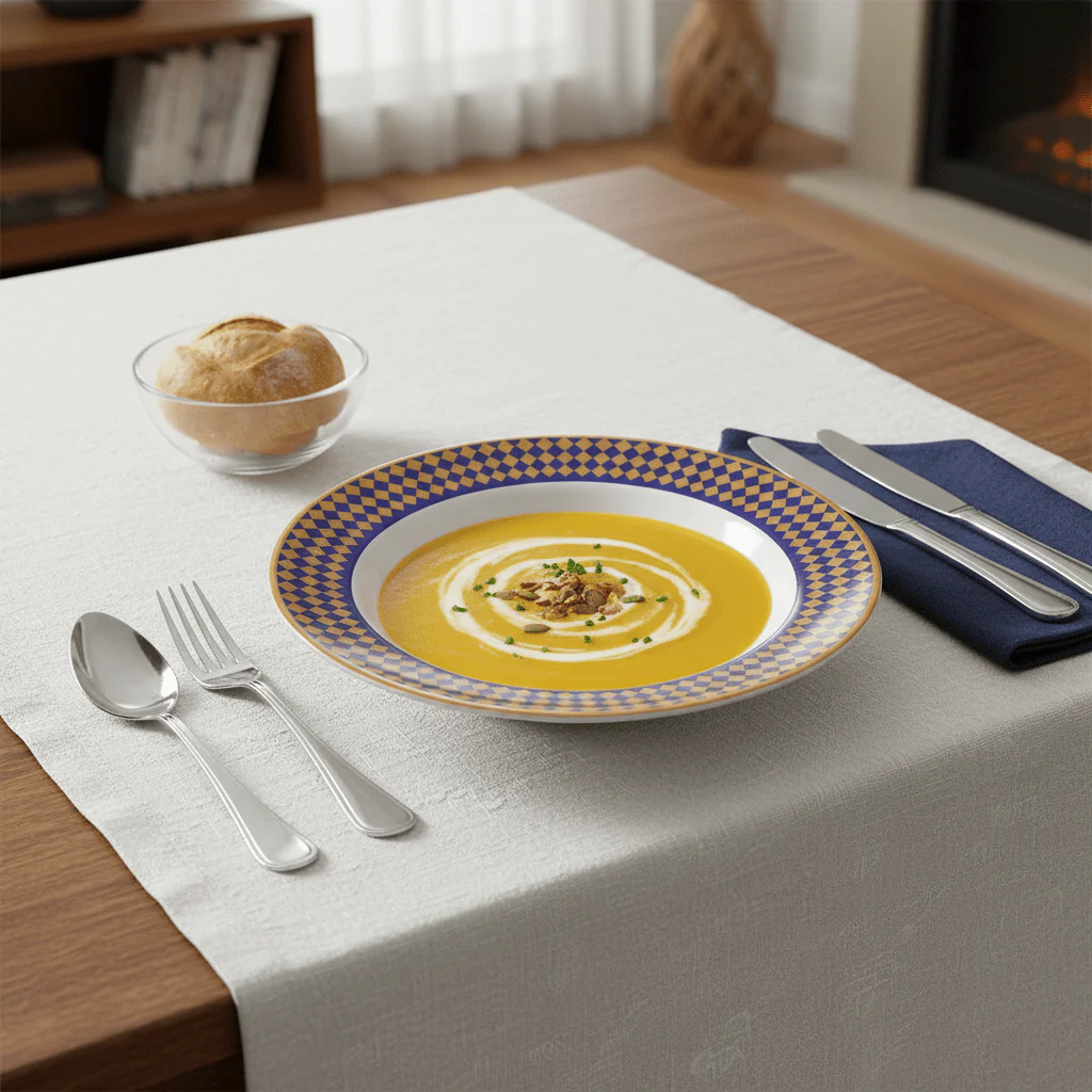 Supreme Round White Melamine Soup Plate with Royal Blue & Golden Checkered Rim Design, Premium Quality Food Serving Plate – 10 Inch - Image 2
