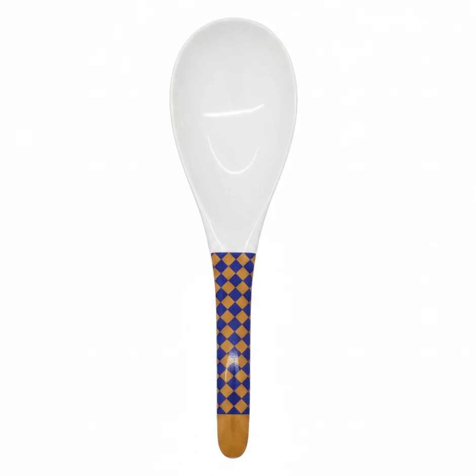 Supreme White Melamine Rice Spoon with Royal Blue & Golden Checkered Design, Durable Kitchen Serving Utensil – 8.5 Inch
