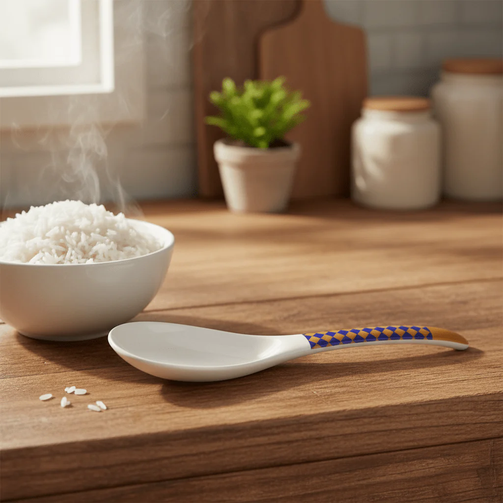 Supreme White Melamine Rice Spoon with Royal Blue & Golden Checkered Design, Durable Kitchen Serving Utensil – 8.5 Inch - Image 2