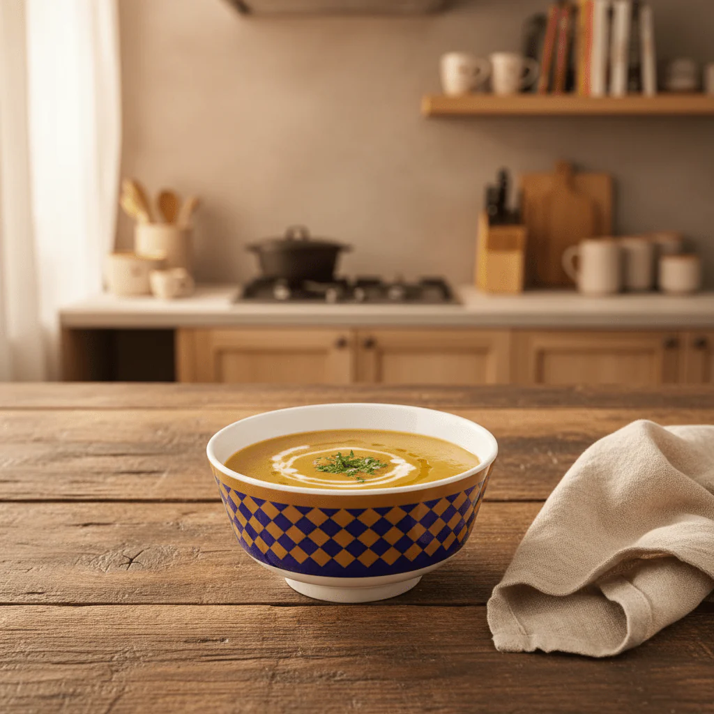 Supreme White Melamine Soup Bowl with Royal Blue & Golden Checkered Design, Compact Bowl for Snacks & Soups – 4.5 Inch - Image 2