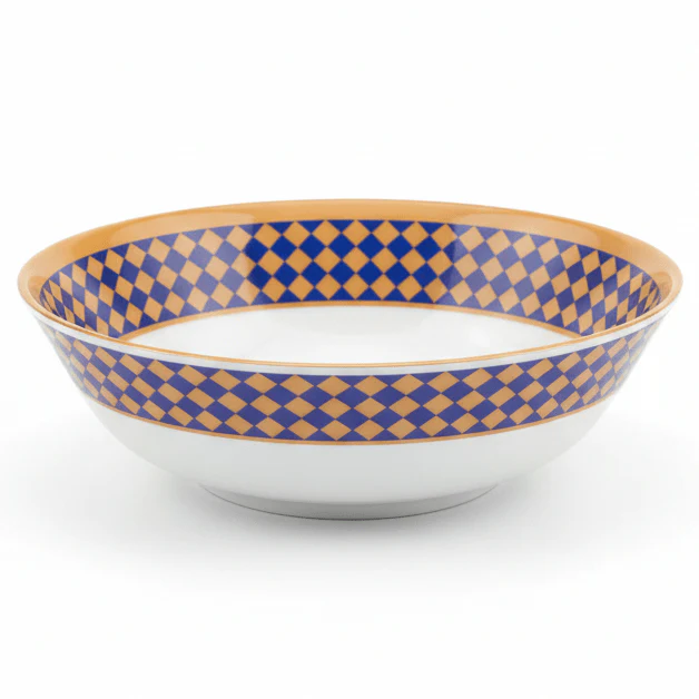 Supreme White Melamine Soup Bowl with Royal Blue & Golden Checkered Design, Strong Reusable Soup Bowl  – 7.25 Inch