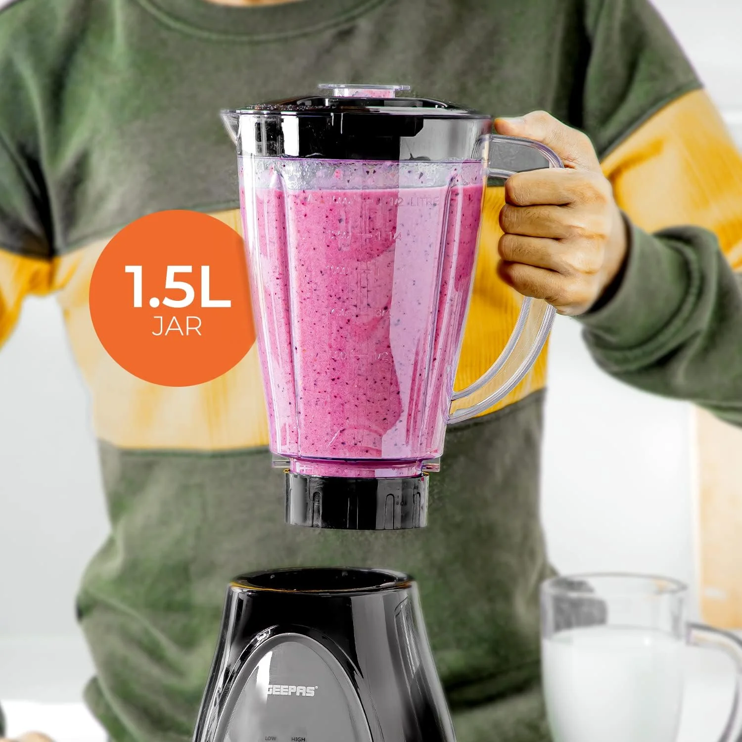 Geepas GSB44034 3 in 1 Blender, Powerful Motor 600W, Stainless Steel Cutting Blades, 3 Speed with Pulse Function, 1.8L Jar Juice Extractor for Whole Fruits Vegetables, Ice Crusher, White - Image 2