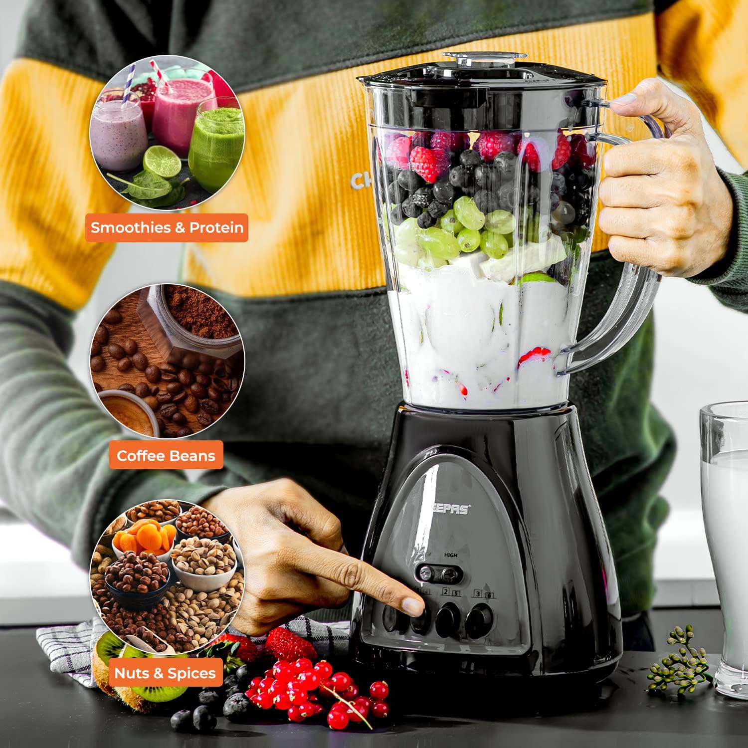 Geepas GSB44034 3 in 1 Blender, Powerful Motor 600W, Stainless Steel Cutting Blades, 3 Speed with Pulse Function, 1.8L Jar Juice Extractor for Whole Fruits Vegetables, Ice Crusher, White - Image 4