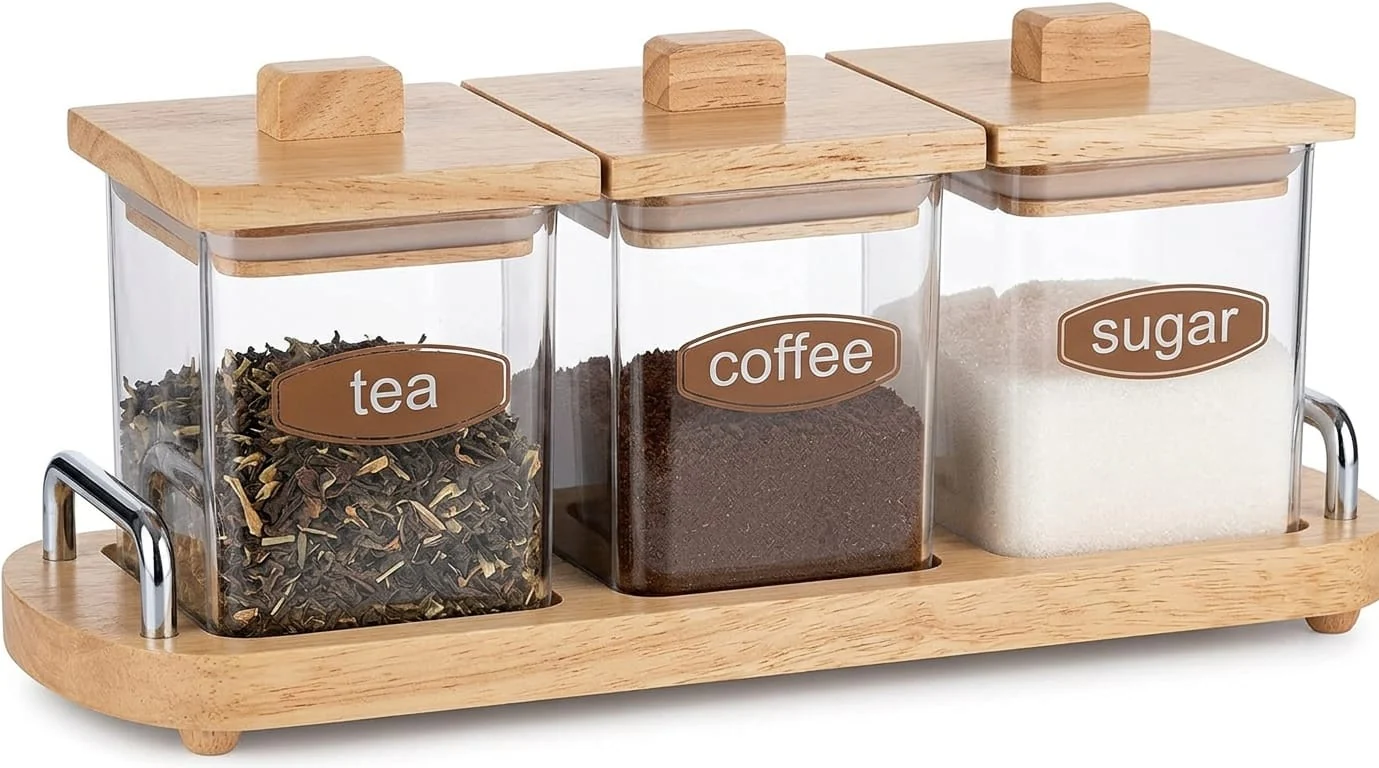 Billi Coffee, Tea & Sugar Canister Set with Wooden Lid & Stand 11*37*15.5 cm