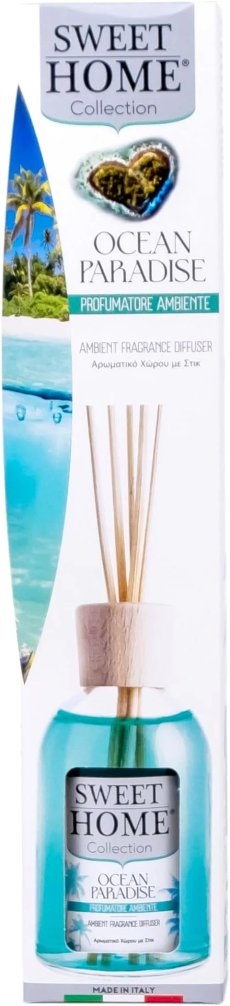 Sweet Home Ambient Fragrance Reed Diffuser, Ocean Paradise - 100ml, Fresh and Invigorating Aroma, Ideal for Living Rooms, Bathrooms, and Gifting, Made In Italy.