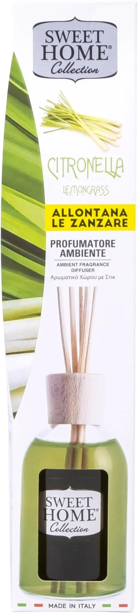 Sweet Home Collection Ambient Fragrance 100ml Lemongrass Reed Diffuser, Made In Italy.