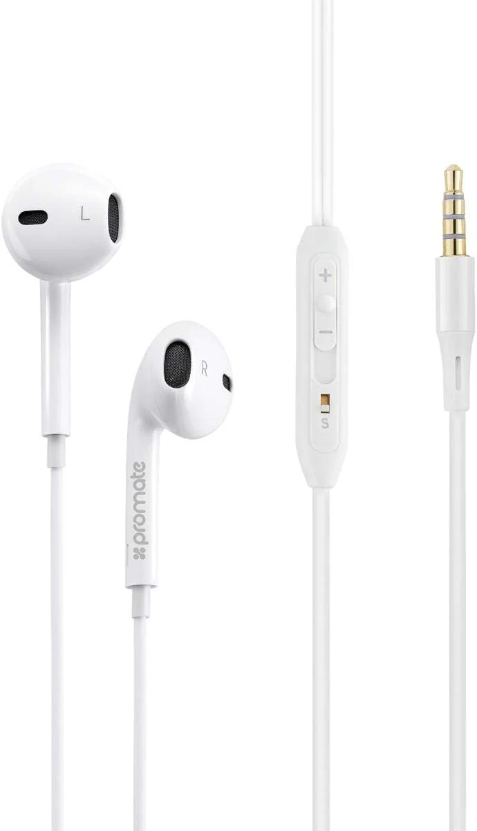 Promate Earphones, In-Ear 3.5mm Universal Crystal Sound and Noise Isolating Earbuds with In-Line Remote Volume Control and Built-In Mic for Smartphones, PC, Tablets, Laptops, GearPod-IS2 White