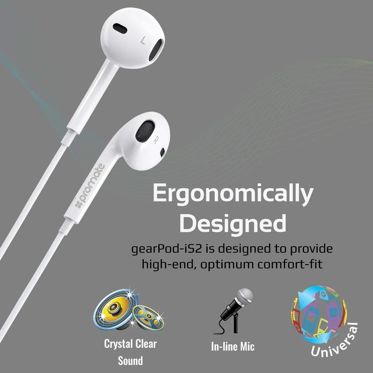 Promate Earphones, In-Ear 3.5mm Universal Crystal Sound and Noise Isolating Earbuds with In-Line Remote Volume Control and Built-In Mic for Smartphones, PC, Tablets, Laptops, GearPod-IS2 White - Image 2