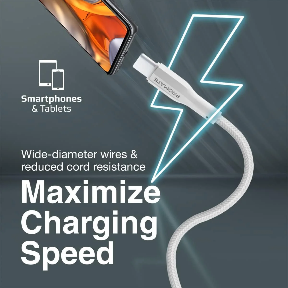 Promate USB to USB-C Cable, Durable Silicone Type-C Charging Cable with 2A Fast Charging, 480 Mbps Data Sync, 1m Anti-Tangle Wire and 10000 Long Bend Lifespan for Galaxy S22, iPad Air, XCord-AC White - Image 2