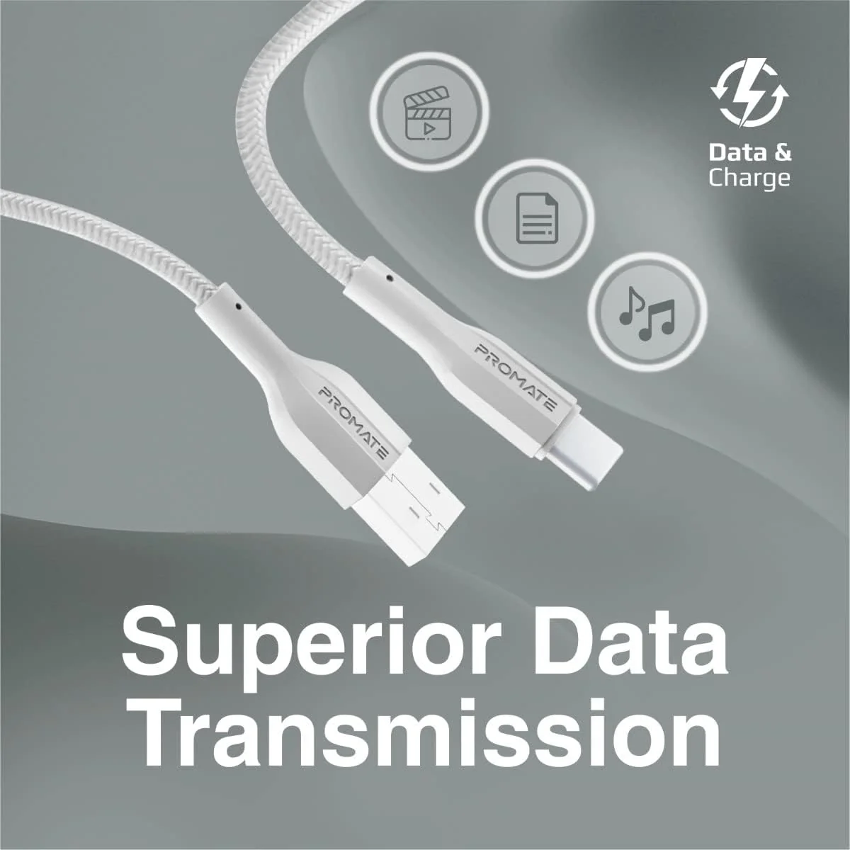 Promate USB to USB-C Cable, Durable Silicone Type-C Charging Cable with 2A Fast Charging, 480 Mbps Data Sync, 1m Anti-Tangle Wire and 10000 Long Bend Lifespan for Galaxy S22, iPad Air, XCord-AC White - Image 3