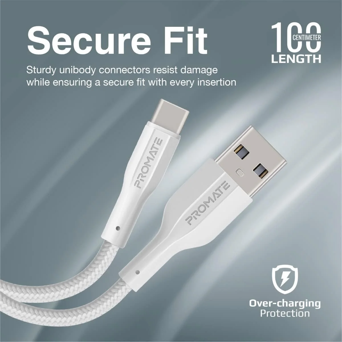 Promate USB to USB-C Cable, Durable Silicone Type-C Charging Cable with 2A Fast Charging, 480 Mbps Data Sync, 1m Anti-Tangle Wire and 10000 Long Bend Lifespan for Galaxy S22, iPad Air, XCord-AC White - Image 5