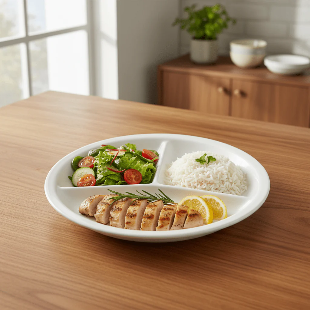Taiyo White Round Sectioned Ceramic Plate – 9.5 Inch Durable Divider Plate for Serving Multiple Food Items - Image 2
