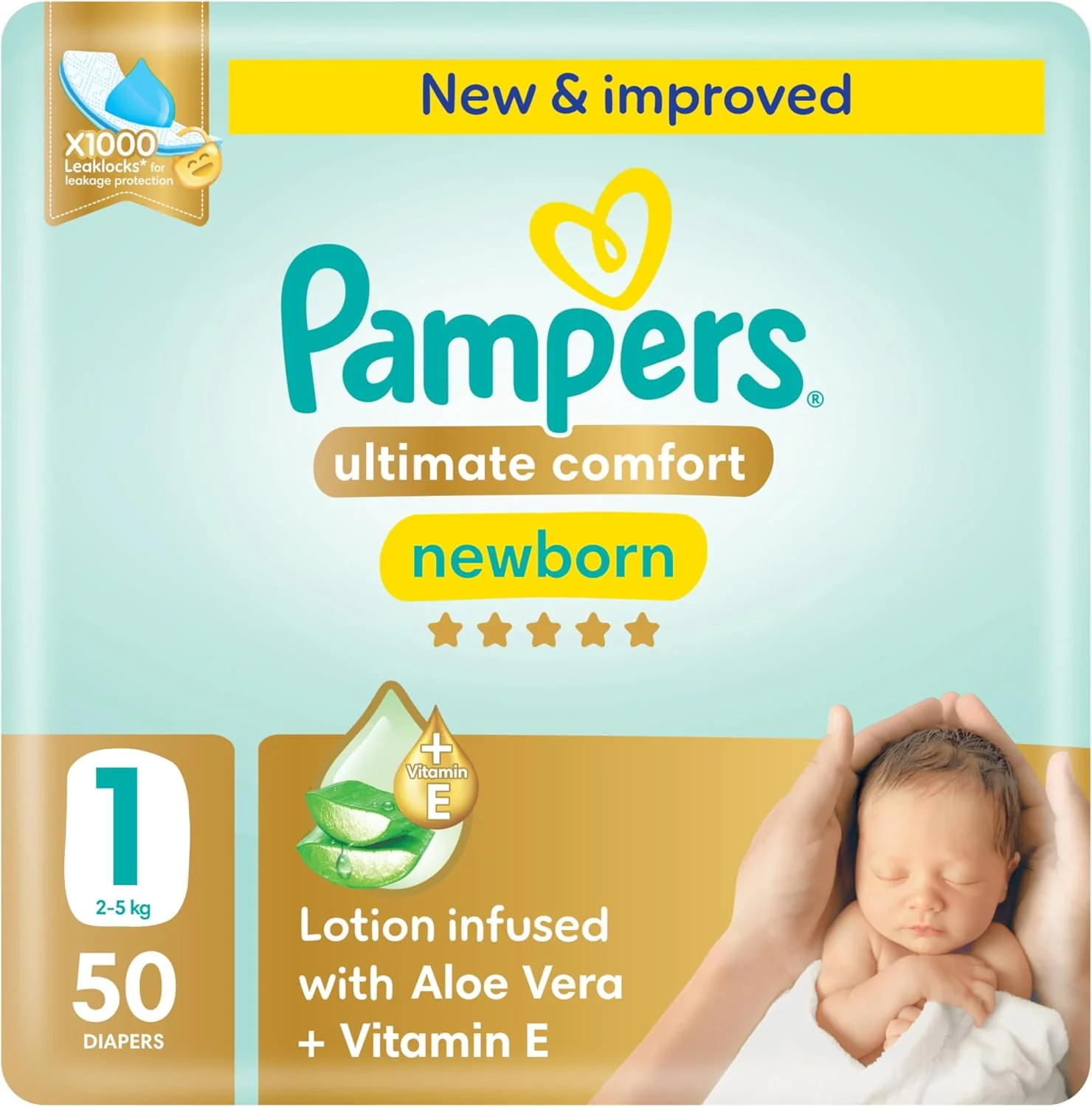 Pampers Ultimate Comfort Taped Diapers, Size 1, 2-5kg, Lotion infused with Aloe Vera and Vitamin E, x1000 Leak Locks Technology for Leakage Protection, MIP, 50 Count