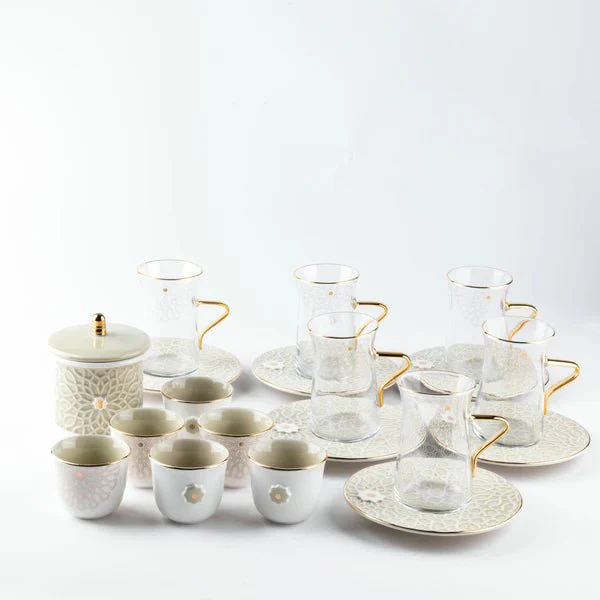 Tea And Arabic Coffee Set 19 pcs From Asalah - Beige + Gold - Image 3