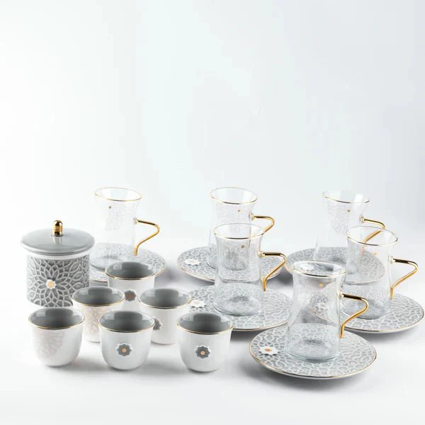 Tea And Arabic Coffee Set 19 pcs From Asalah- Grey + Gold - Image 3