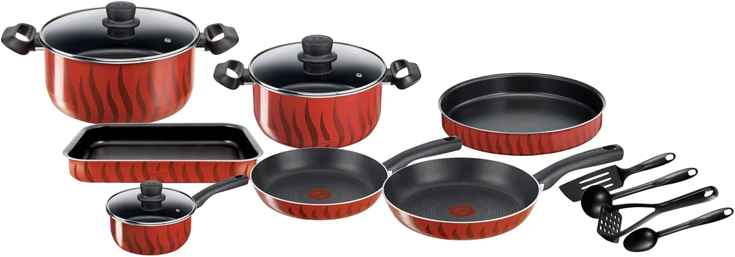 Tefal G6 Tempo Flame 14-Piece Non-Stick Aluminium Cookware Set – Complete Kitchen Set in Red