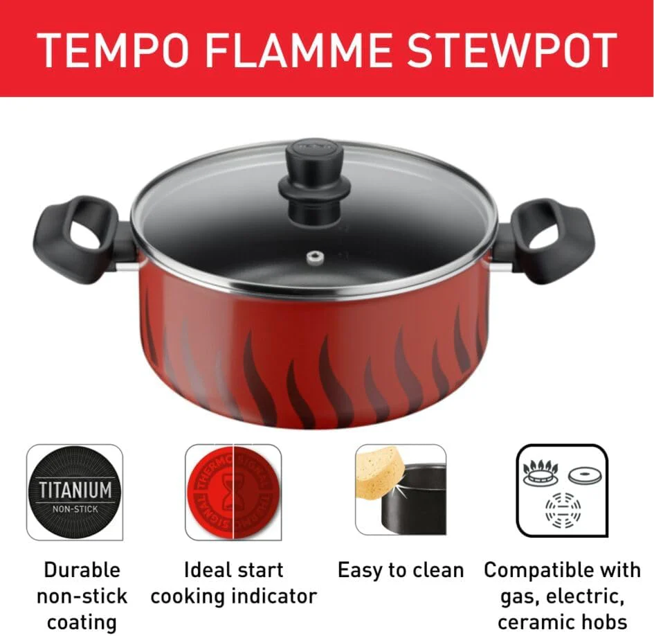 Tefal Tempo Flame 30cm Non-Stick Stewpot with Lid – Red Finish - Image 2