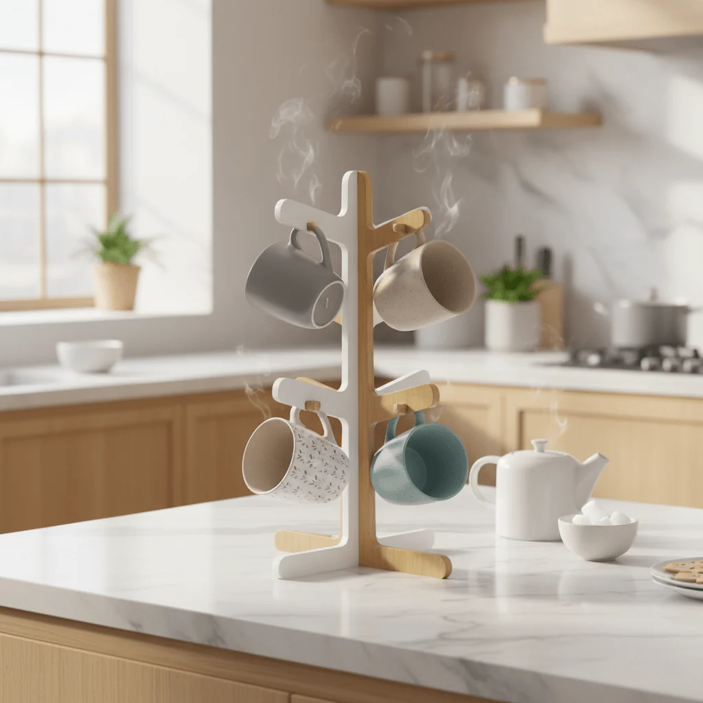 Tessie & Jessie Elegant White Wooden Mug Tree Stand for Stylish Kitchen Storage and Coffee Mug Display – 30cm - Image 2