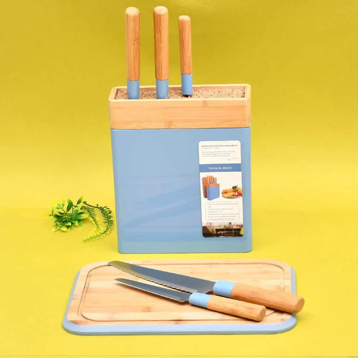 Tessie & Jessie Wooden Knife Sets With Cutting Board-Blue&Wooden - Image 4