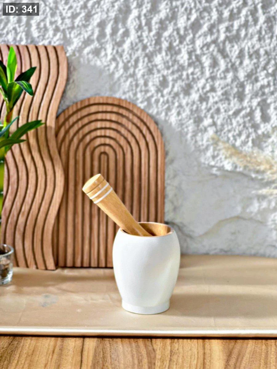 Tessie & Jessie Wooden Mortar Pestle 10cm-White&Wooden - Image 2