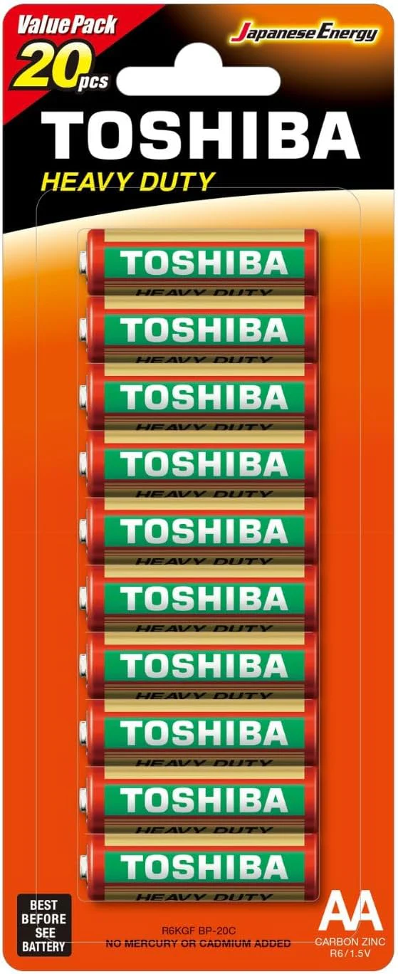 TOSHIBA AA Heavy Duty Carbon Zinc Battery 1.5V, Pack of 20