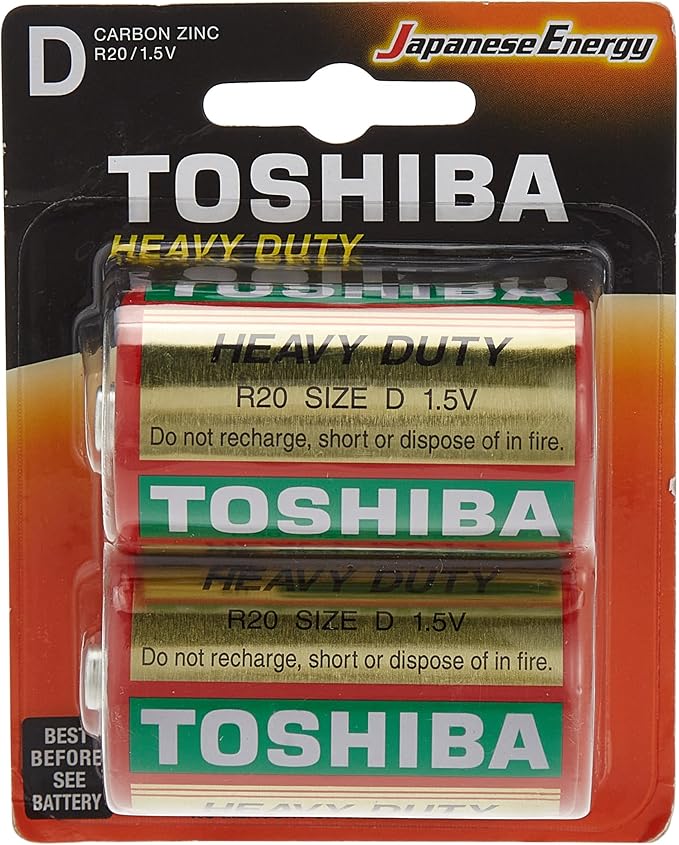 TOSHIBA Type D Heavy Duty Carbon Zinc Battery 1.5V, Pack of 2