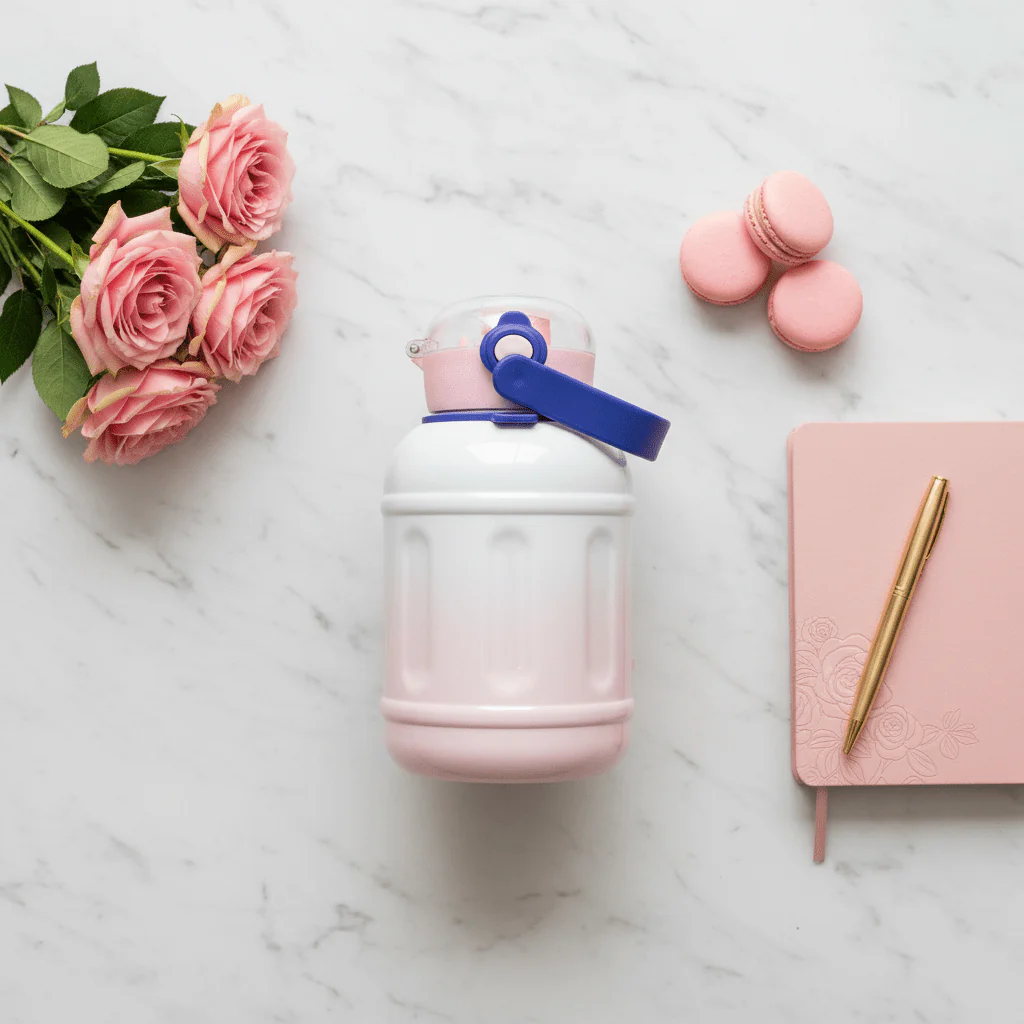 Trendy Pink & White Stainless Steel Vacuum Bottle with Blue Carry Handle 1200ml - Image 2