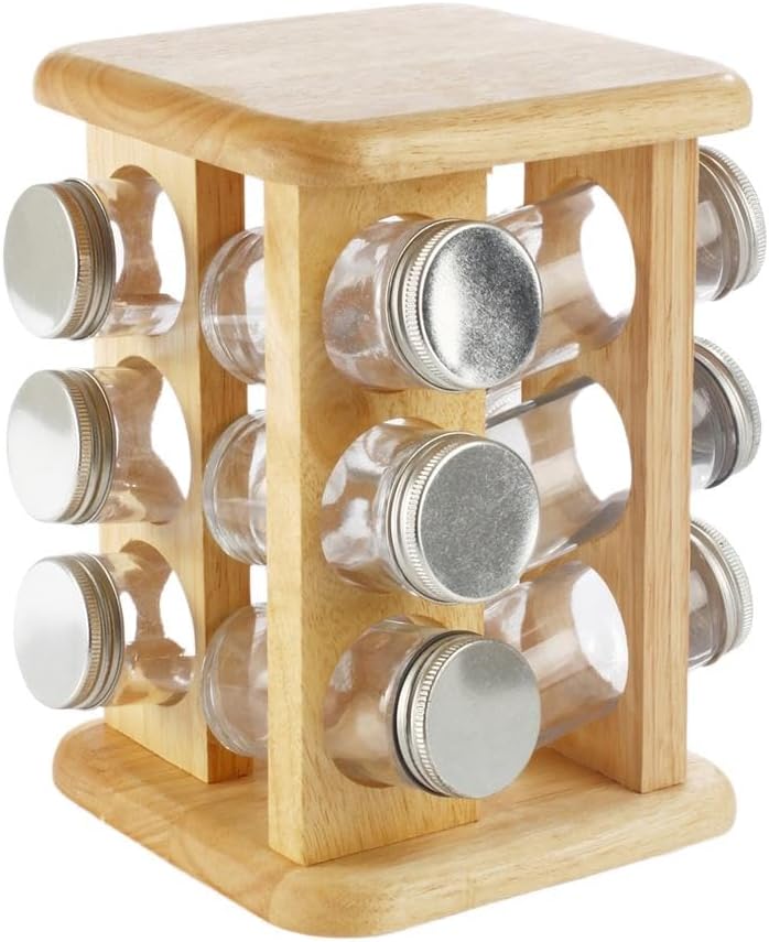 Billi 12-Piece Spice Bottle Set with Aluminium Lids & Rotating Wooden Stand 15.5*15.5*22.5 Cm