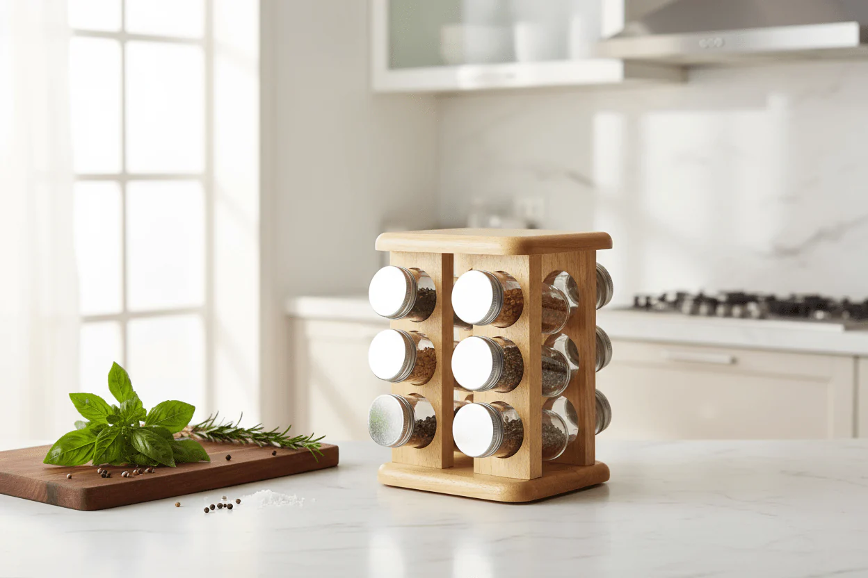 Billi 12-Piece Spice Bottle Set with Aluminium Lids & Rotating Wooden Stand 15.5*15.5*22.5 Cm - Image 2
