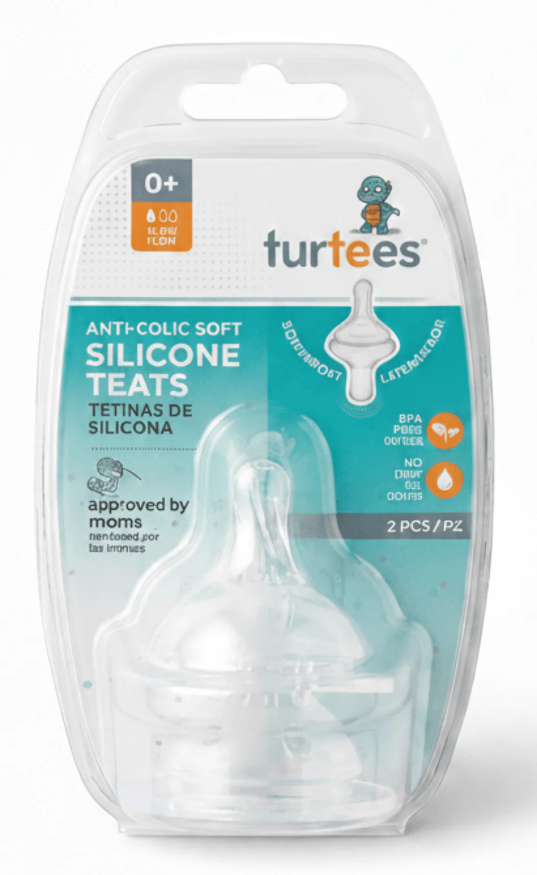Turtees Anti-Colic Soft Silicone Teats – Slow Flow, 0+ Months (2 Pcs)