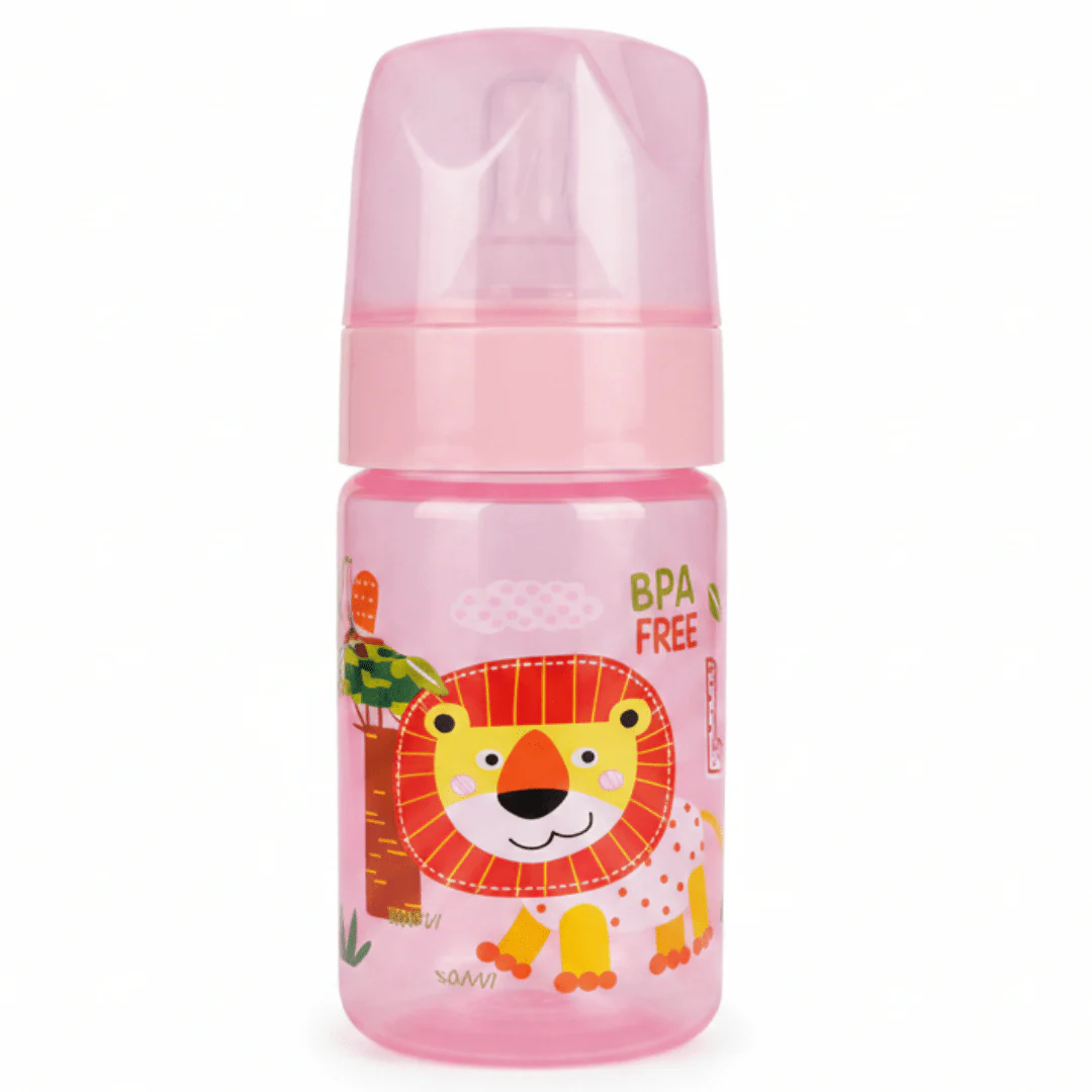 Turtees Kids BPA-Free Feeding Bottle – Plastic, 125ml, Pink (Lion Print)