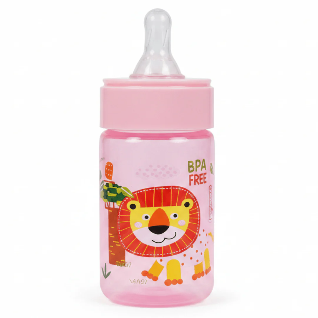Turtees Kids BPA-Free Feeding Bottle – Plastic, 125ml, Pink (Lion Print) - Image 2