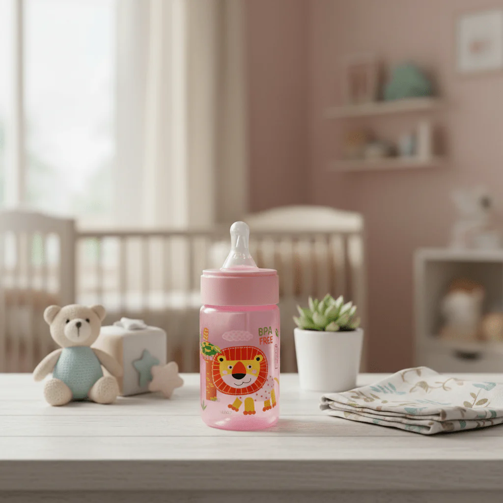 Turtees Kids BPA-Free Feeding Bottle – Plastic, 125ml, Pink (Lion Print) - Image 3