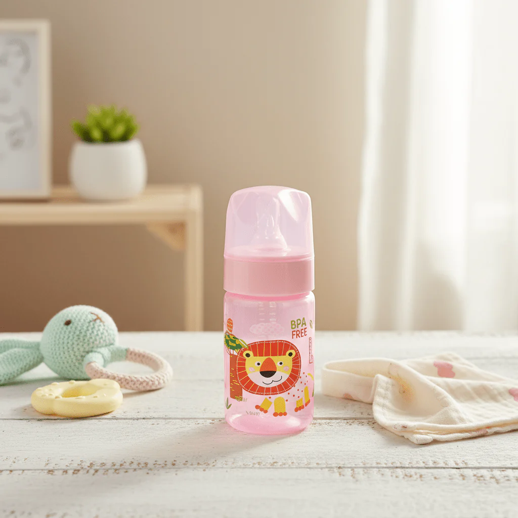 Turtees Kids BPA-Free Feeding Bottle – Plastic, 125ml, Pink (Lion Print) - Image 4