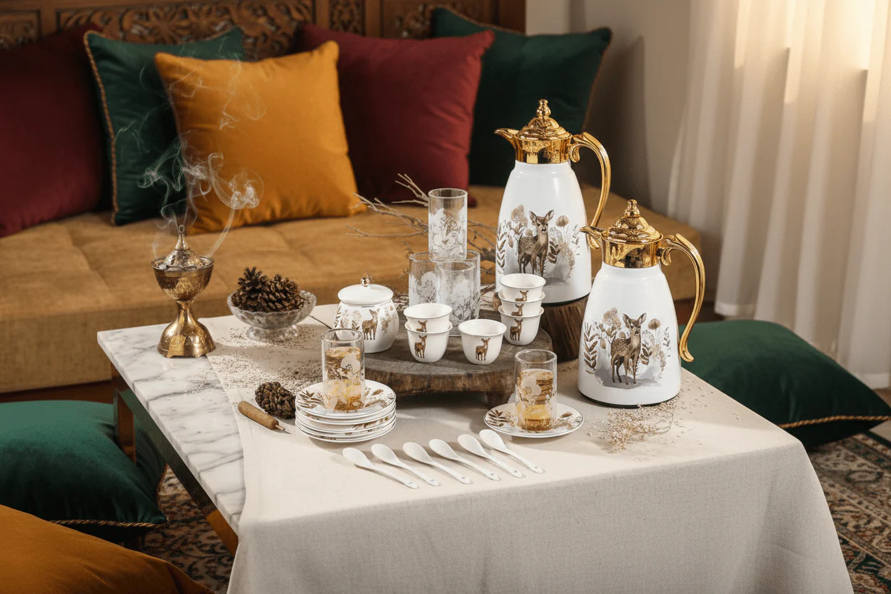 Ugarit Luxury White & Gold Tea and Coffee Set with Artistic Deer Design – 21-Piece Collection - Image 2