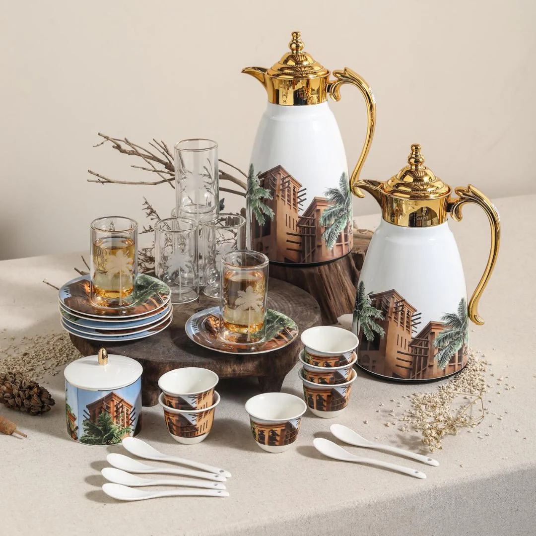 Ugarit White & Gold Arabic Art Inspired 21-Piece Tea and Coffee Serving Set – Design