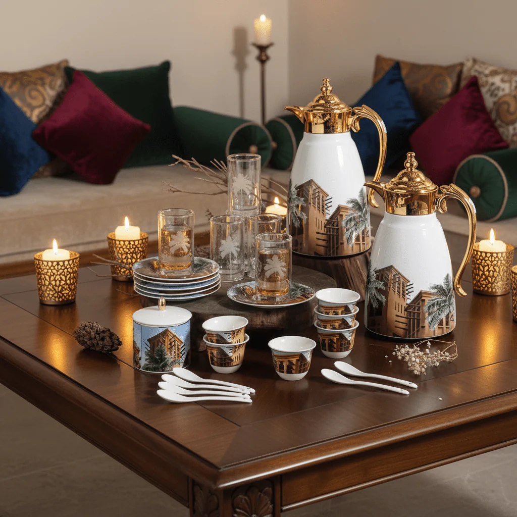Ugarit White & Gold Arabic Art Inspired 21-Piece Tea and Coffee Serving Set – Design - Image 2