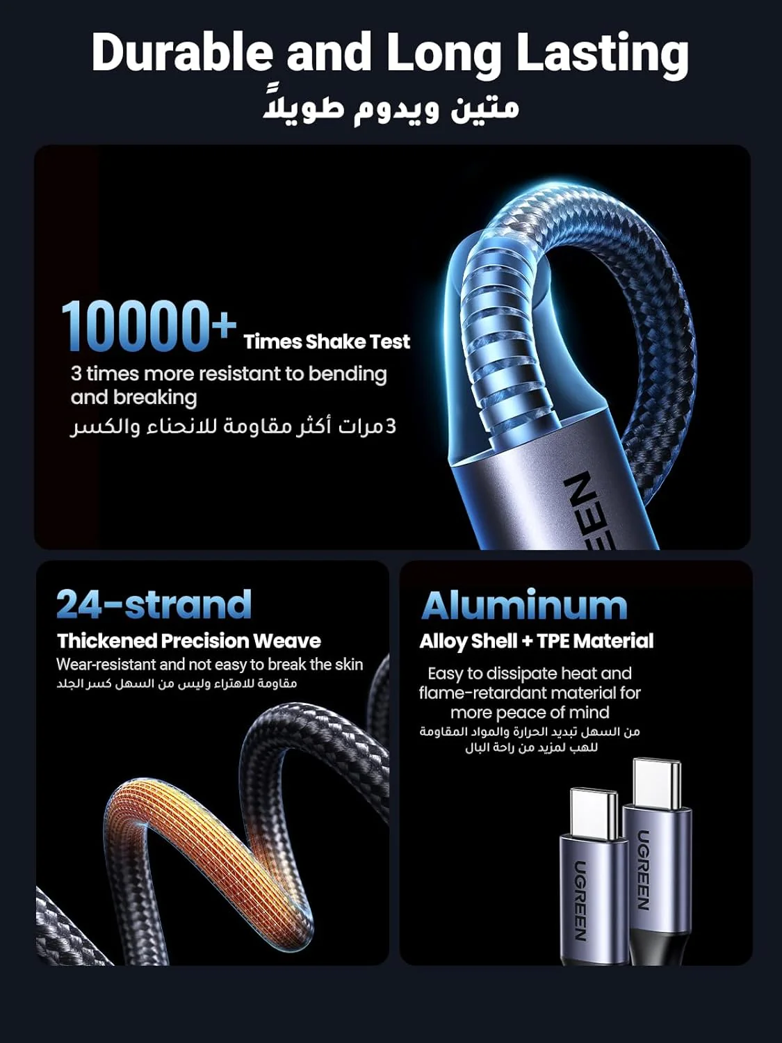 UGREEN 2-in-1 Universal PD Fast Charging Cable, 100W Max Power Output, 2-Port Fast Charging, High Density Braiding, US561 - Image 6