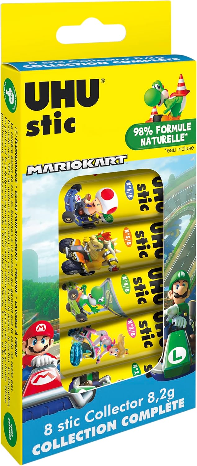 UHU Stic Mario Kart Collector Box - Solvent-Free Glue Sticks, White, Mario Kart 8.2g Stics Pack of 8