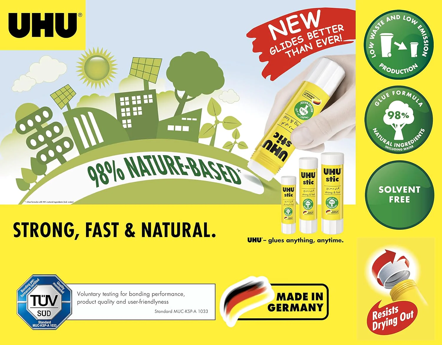 UHU stic the proven glue stick, strong, fast, solvent free, clean, safe & sustainable for school, home, office, kids, arts and crafts, 98% natural, now packed in 50% recycled plastic- 21g pack of 6 - Image 3