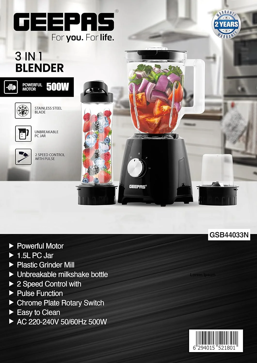 Geepas 3-In-1 Blender, Black, Gsb44033, 1.25 Litre"Min - Image 4