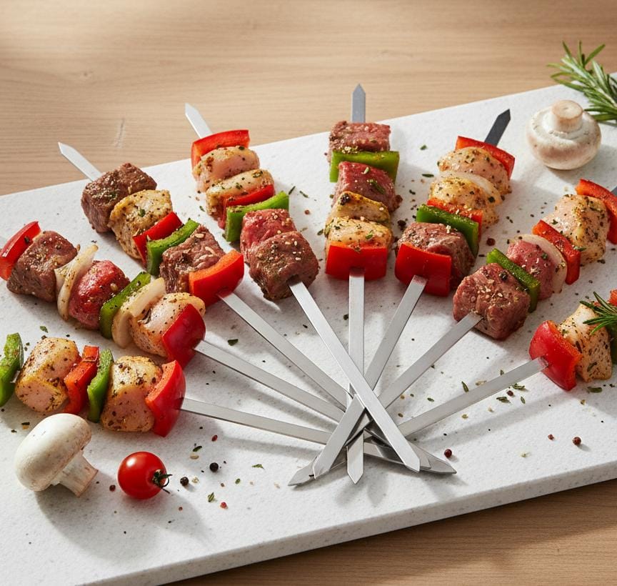 Uniquo Stainless Steel BBQ Skewers 6 pcs 58 × 1.5 cm – Premium Kebab Sticks for Outdoor Barbecue & Grilling