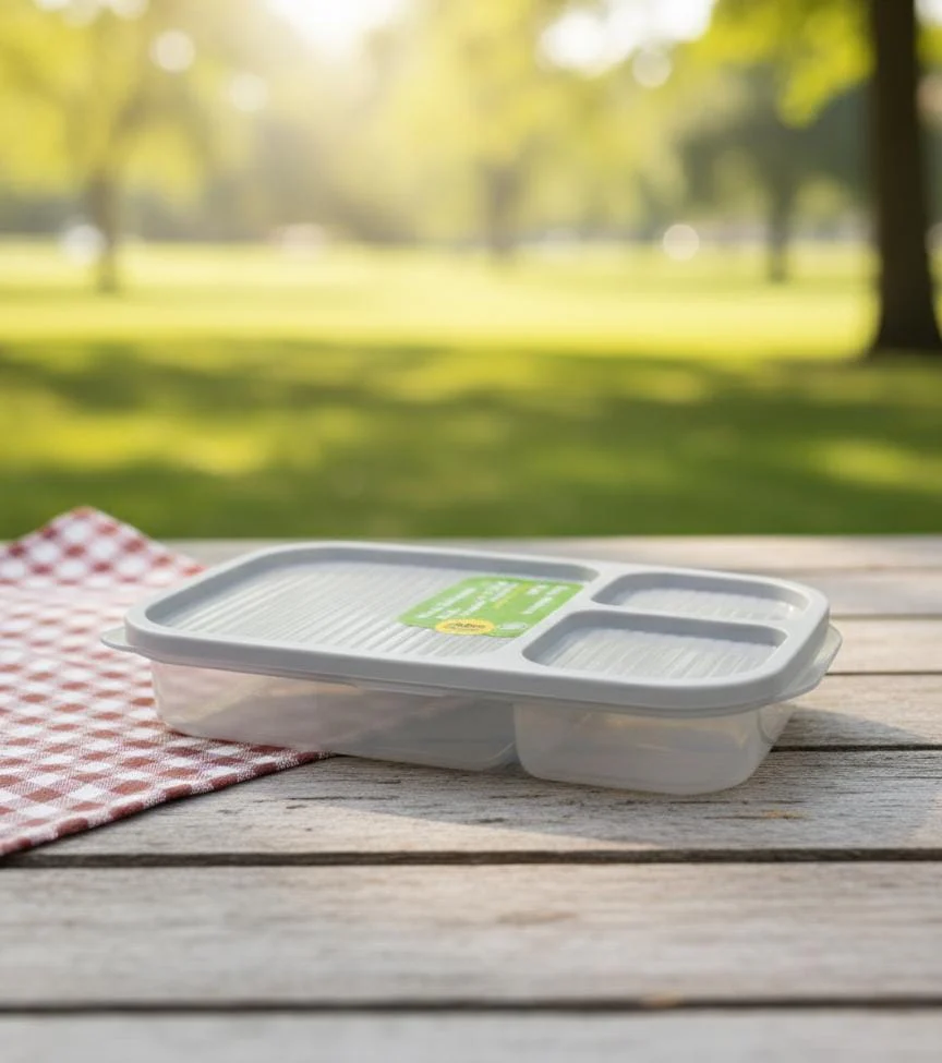 USCAN 3-Compartment Plastic Lunch Box – Durable Bento Food Storage Box, Gray, 240×155×50 mm