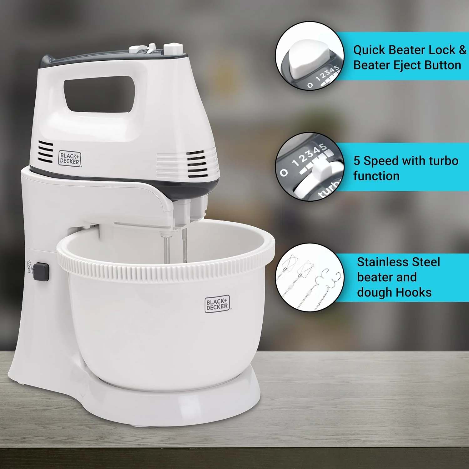 Black & Decker 300w 5 speed multifunction bowl and stand mixer, white - m700 - Image 3