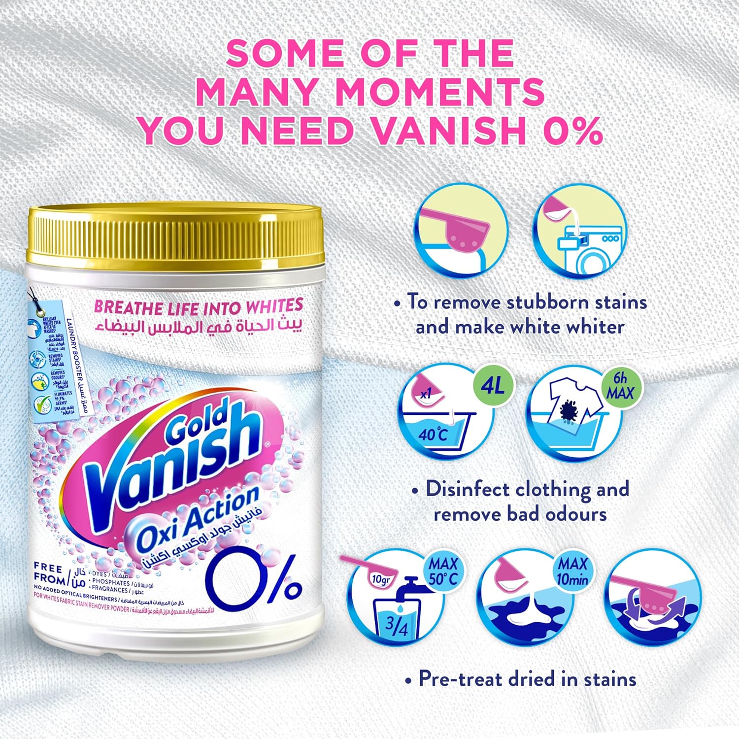Vanish Gold Oxi Action Fabric Stain Remover 900g White clothes - Image 5