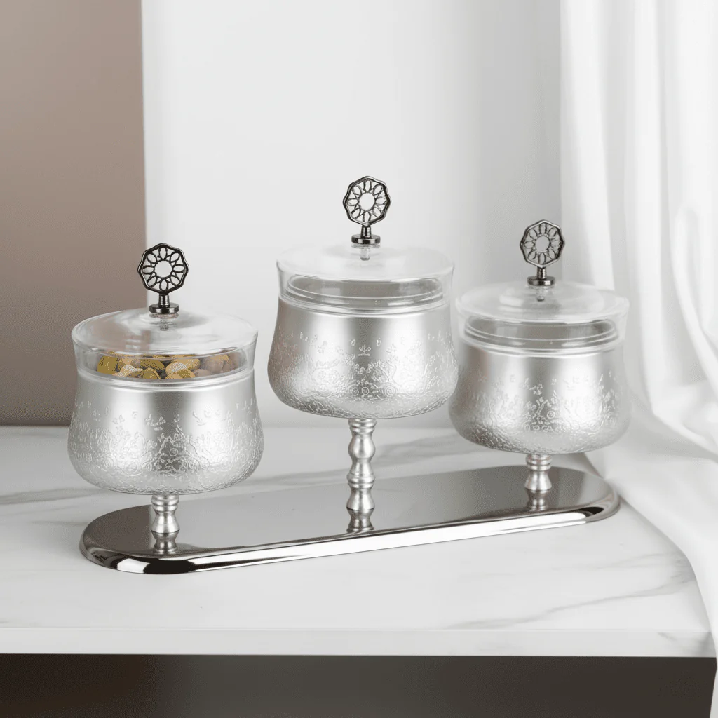 Otantik Nourhan Luxury Nuts Serving Set with Tray – Stainless Steel & Glass