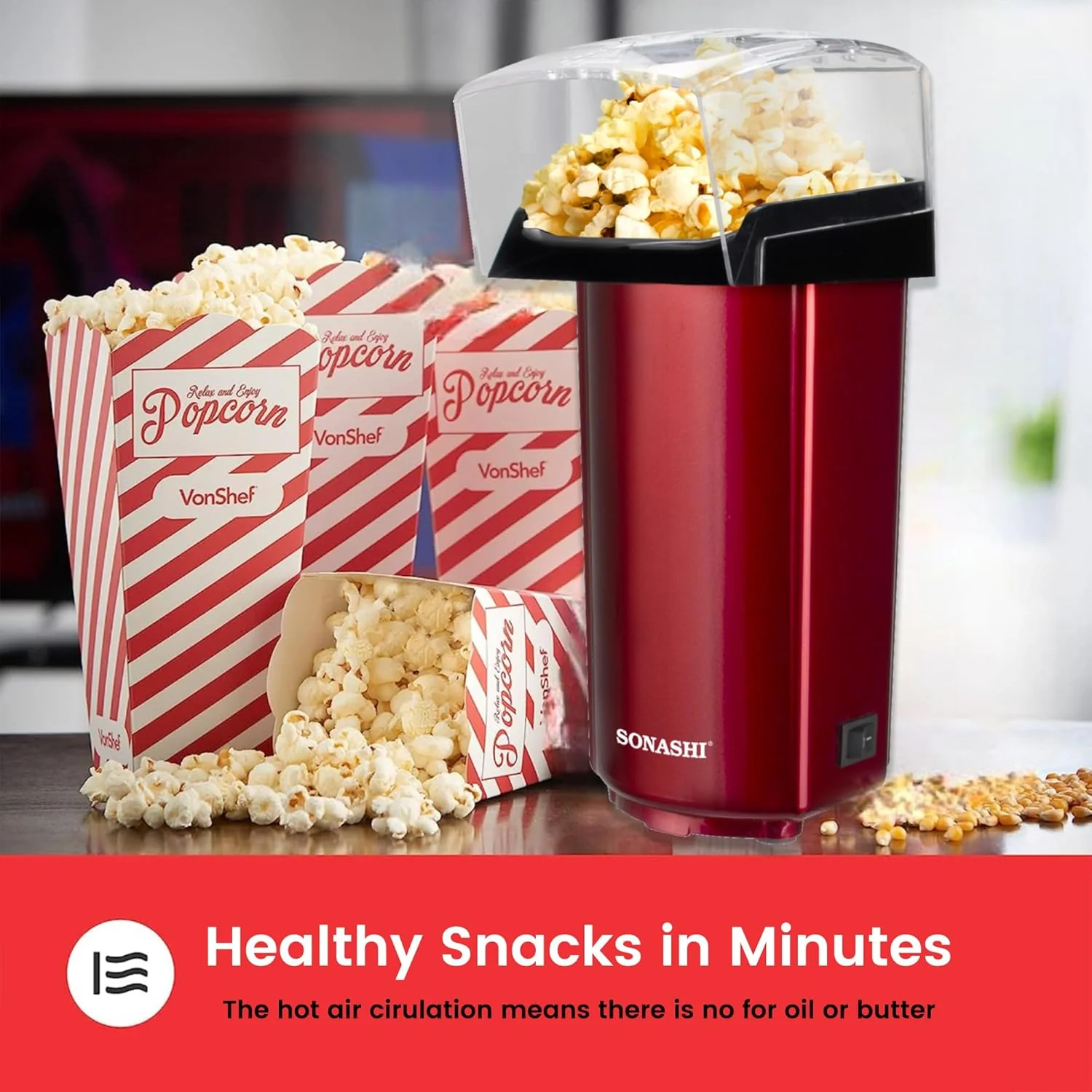 Sonashi Popcorn Maker | Classic Style Machine makes Hot, Fresh, and Fat-Free popcorn anytime - On/Off Switch, Easy To Use with Non-slip Feet | Detachable Cap for easy clean 40 ml 900 W SPCM-101 Red - Image 2